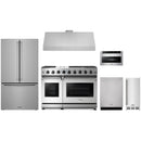 Stainless steel Thor Kitchen appliance package with 48-inch range, range hood, counter-depth refrigerator, dishwasher, microwave drawer, ice maker
