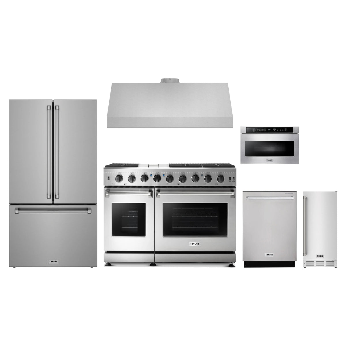 Thor Kitchen 6-Piece Appliance Package - 48-Inch Natural Gas Range, Counter-Depth Refrigerator, Under Cabinet Hood, Dishwasher, Microwave Drawer, & Ice Maker in Stainless Steel