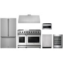 Stainless steel Thor Kitchen appliance package with 48-inch range, range hood, counter-depth refrigerator, dishwasher, microwave drawer, wine cooler