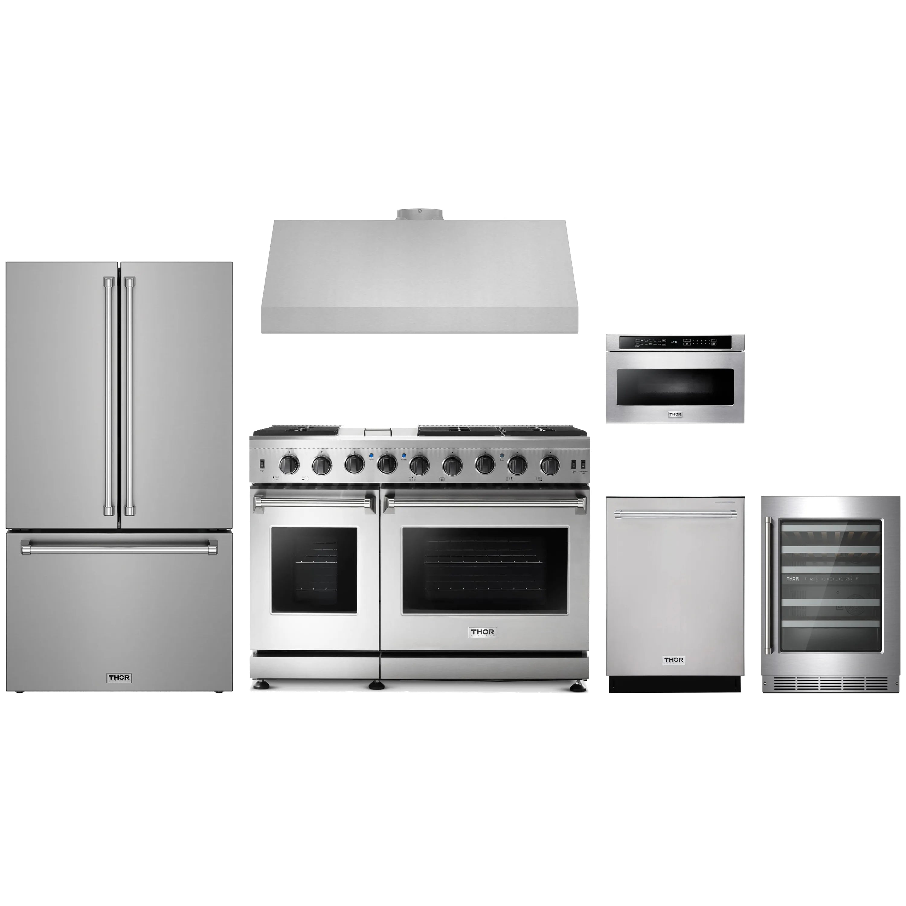 Stainless steel appliance package: gas range, fridge, hood, dishwasher, drawer microwave, wine cooler