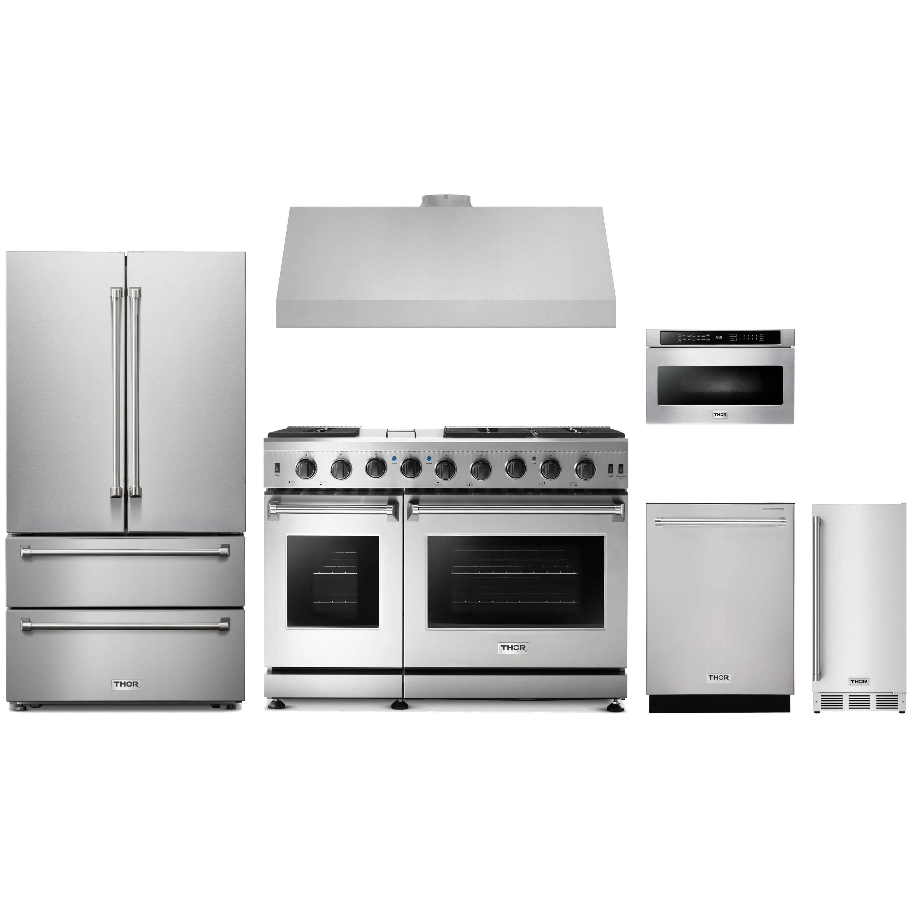 Stainless steel kitchen appliance set: refrigerator, gas range, hood, dishwasher, microwave