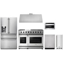 Stainless steel Thor Kitchen appliance package with 48-inch range, range hood, refrigerator with water dispenser, dishwasher, microwave drawer, ice maker