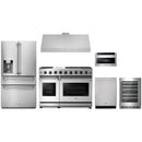 Stainless steel Thor Kitchen appliance package with 48-inch range, range hood, refrigerator with water dispenser, dishwasher, microwave drawer, wine cooler