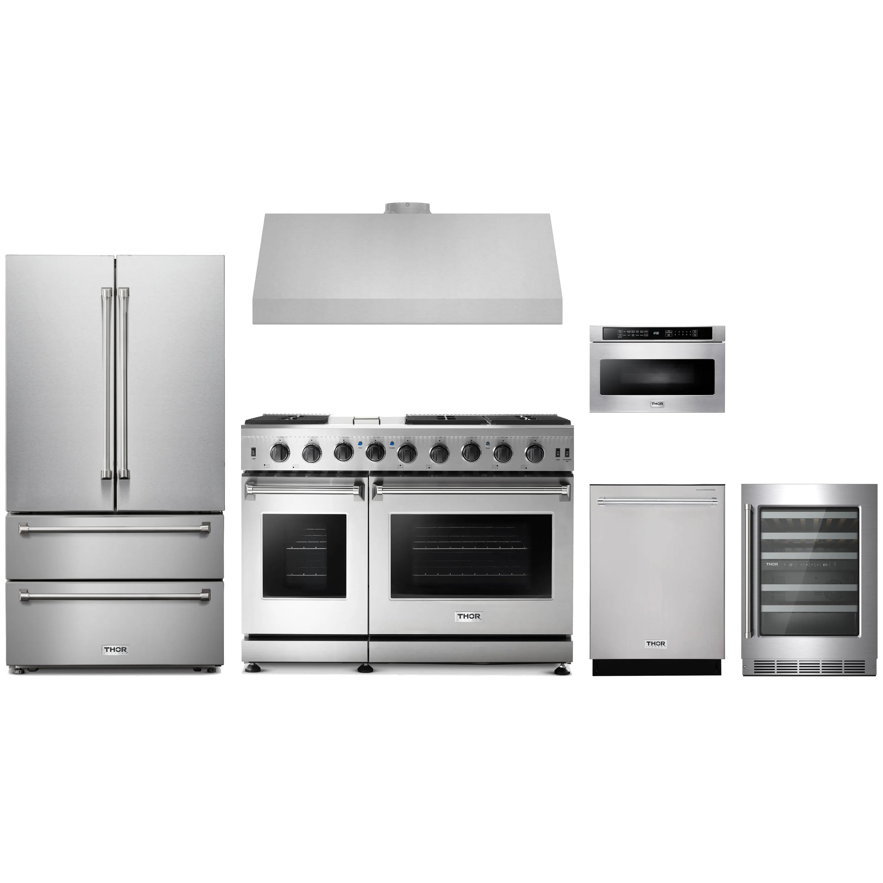 Stainless steel gas range appliance package with refrigerator, hood, dishwasher, microwave, wine cooler