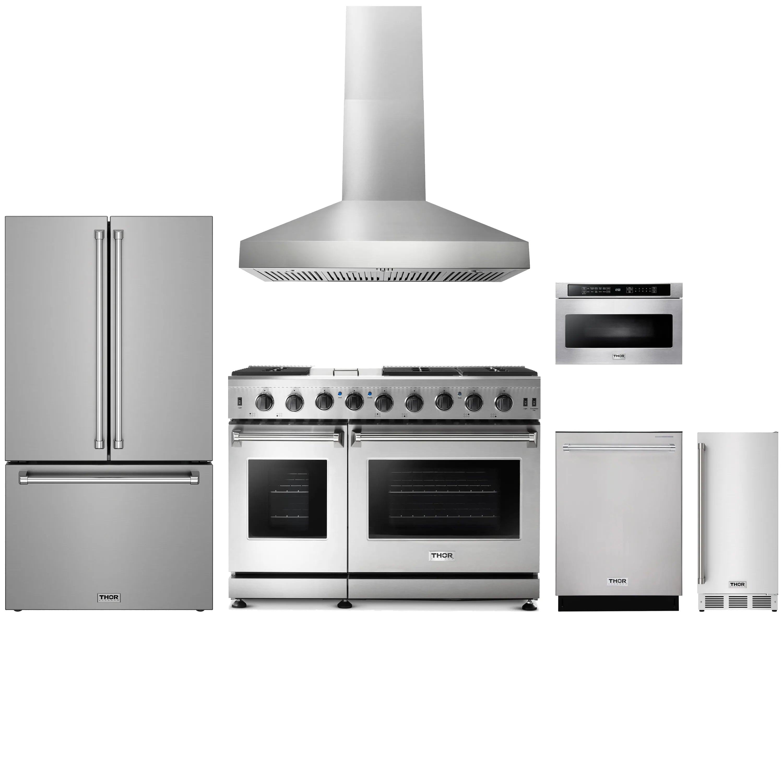 Stainless steel kitchen appliance package with range, hood, refrigerator, dishwasher, and drawer microwave