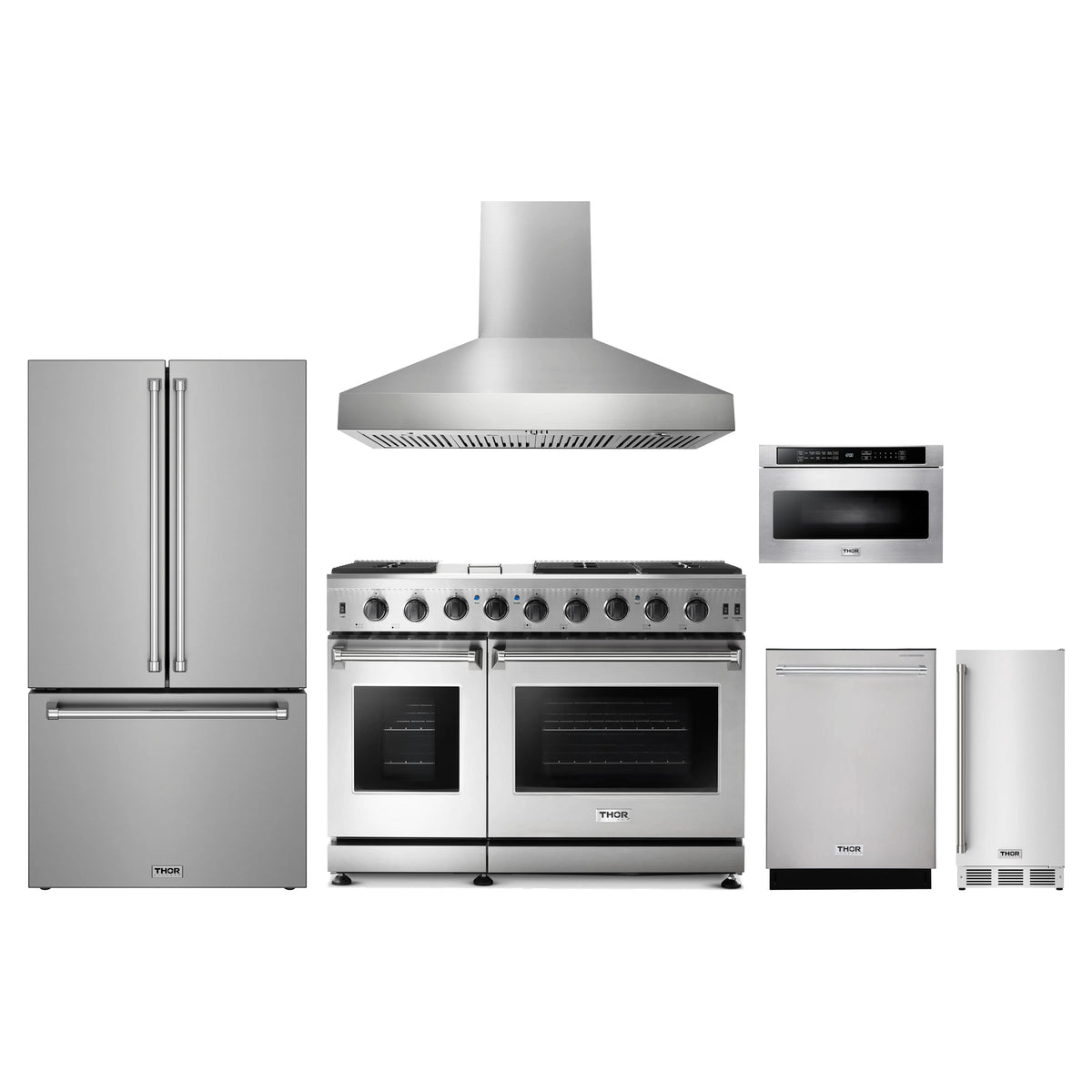 Thor Kitchen 6-Piece Appliance Package - 48-Inch Natural Gas Range, Counter-Depth Refrigerator, Wall Mount Hood, Dishwasher, Microwave Drawer, & Ice Maker in Stainless Steel