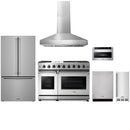 Stainless steel Thor Kitchen appliance package with 48-inch range, range hood, counter-depth refrigerator, dishwasher, microwave drawer, ice maker