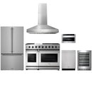 Stainless steel Thor Kitchen appliance package with 48-inch range, range hood, counter-depth refrigerator, dishwasher, microwave drawer, wine cooler