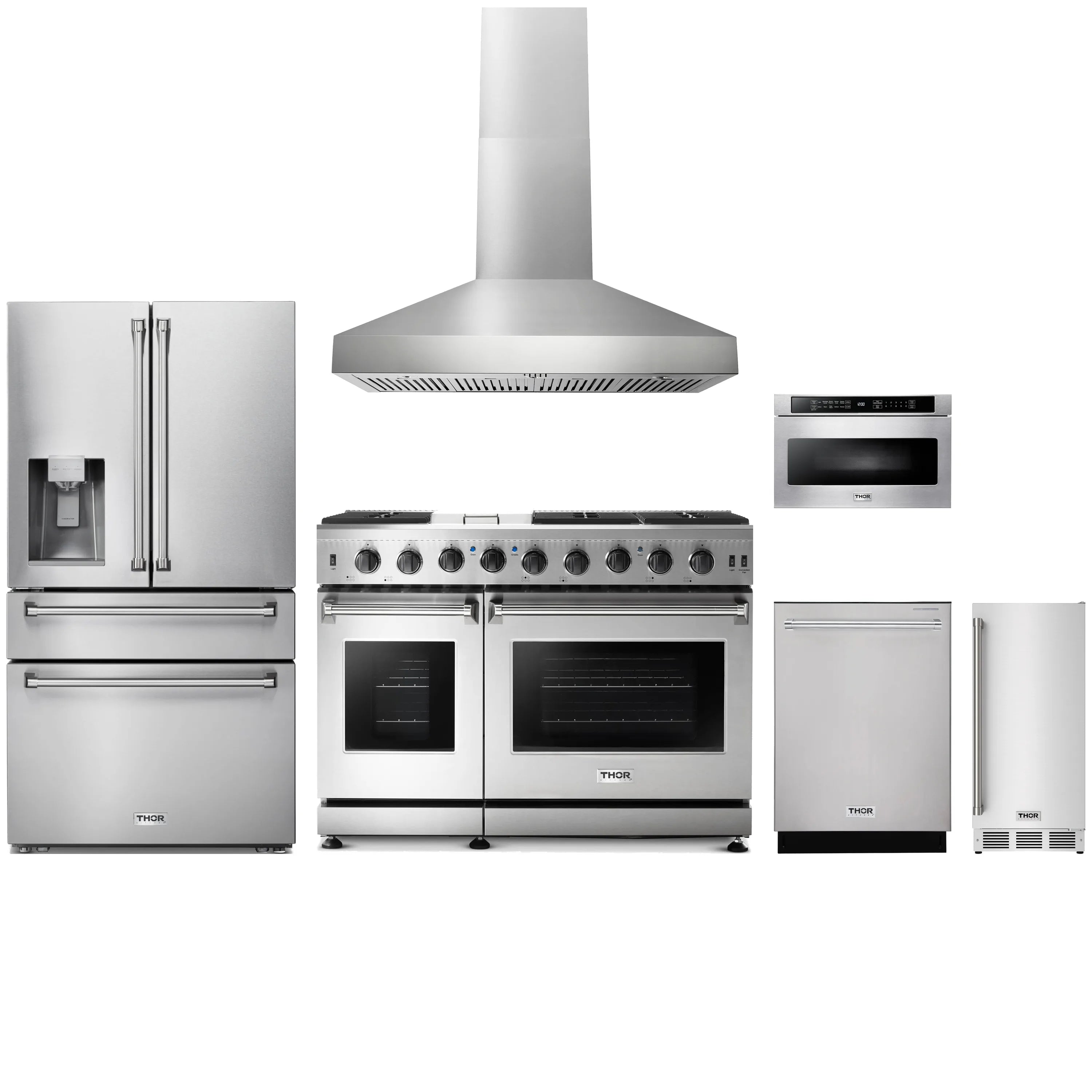 Stainless steel appliance package with gas range, hood, refrigerator, dishwasher and microwave