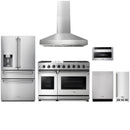 Stainless steel Thor Kitchen appliance package with 48-inch range, range hood, refrigerator with water dispenser, dishwasher, microwave drawer, ice maker