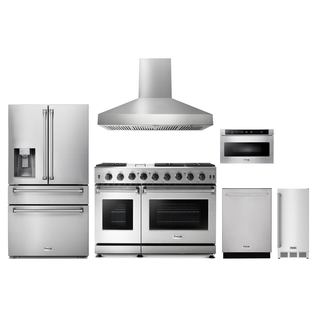 Thor Kitchen 6-Piece Appliance Package - 48-Inch Natural Gas Range, Refrigerator with Water Dispenser, Wall Mount Hood, Dishwasher, Microwave Drawer, & Ice Maker in Stainless Steel
