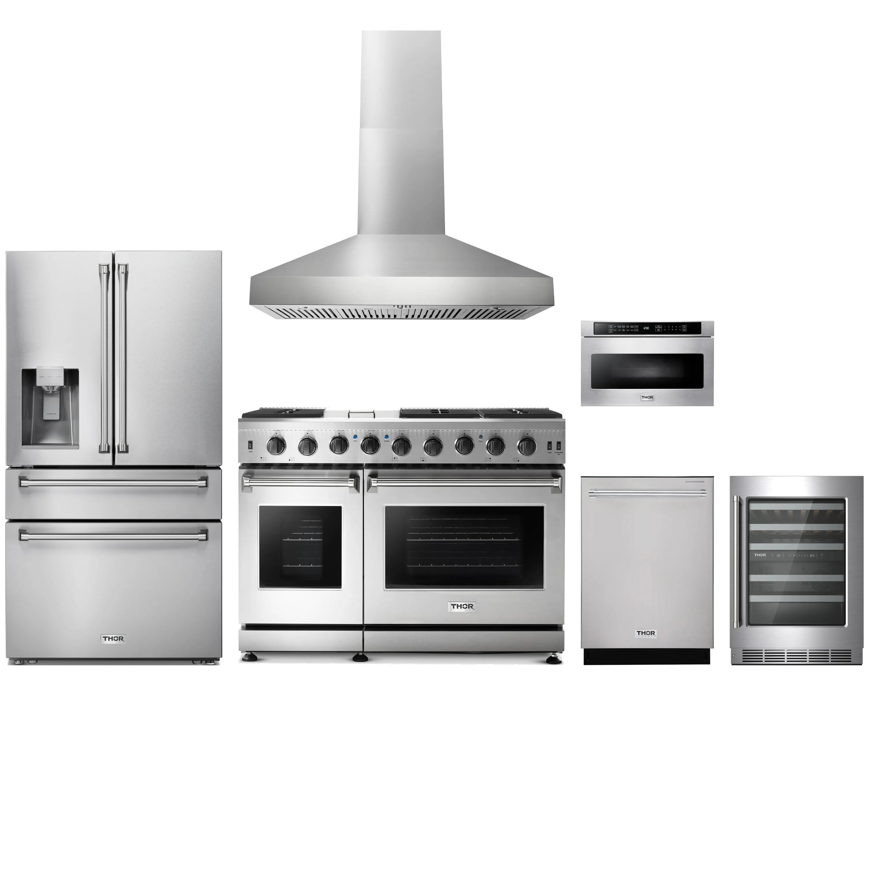 Stainless steel appliance package with gas range, refrigerator, hood, dishwasher, microwave drawer