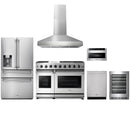 Stainless steel Thor Kitchen appliance package with 48-inch range, range hood, refrigerator with water dispenser, dishwasher, microwave drawer, wine cooler