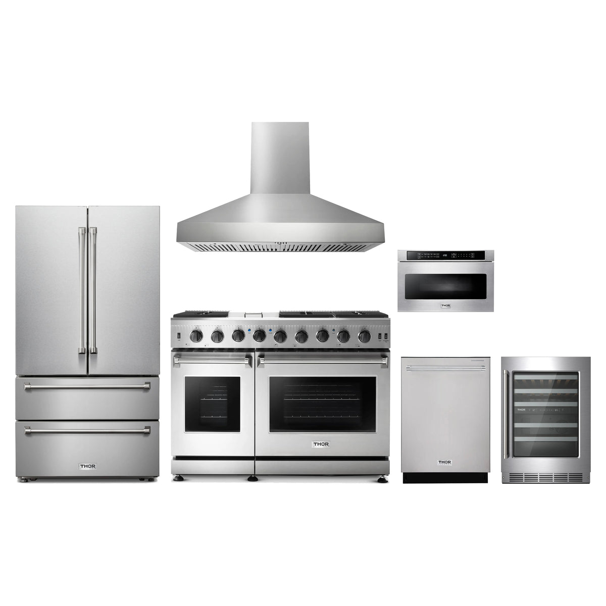 Thor Kitchen 6-Piece Appliance Package - 48-Inch Natural Gas Range, French Door Refrigerator, Wall Mount Hood, Dishwasher, Microwave Drawer, & Wine Cooler in Stainless Steel