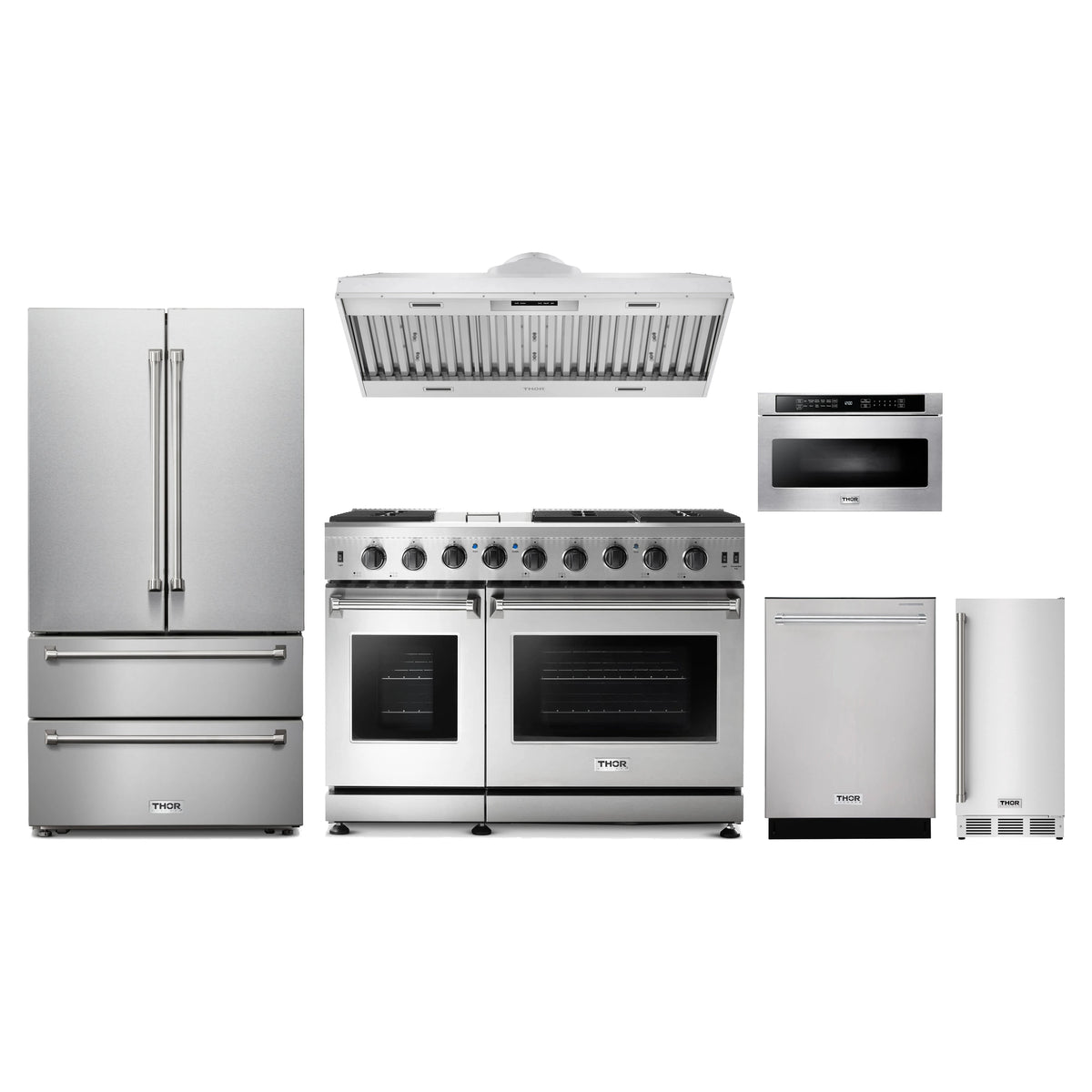 Thor Kitchen 6-Piece Appliance Package - 48-Inch Propane Gas Range, French Door Refrigerator, Hood Insert, Dishwasher, Microwave Drawer, & Ice Maker in Stainless Steel