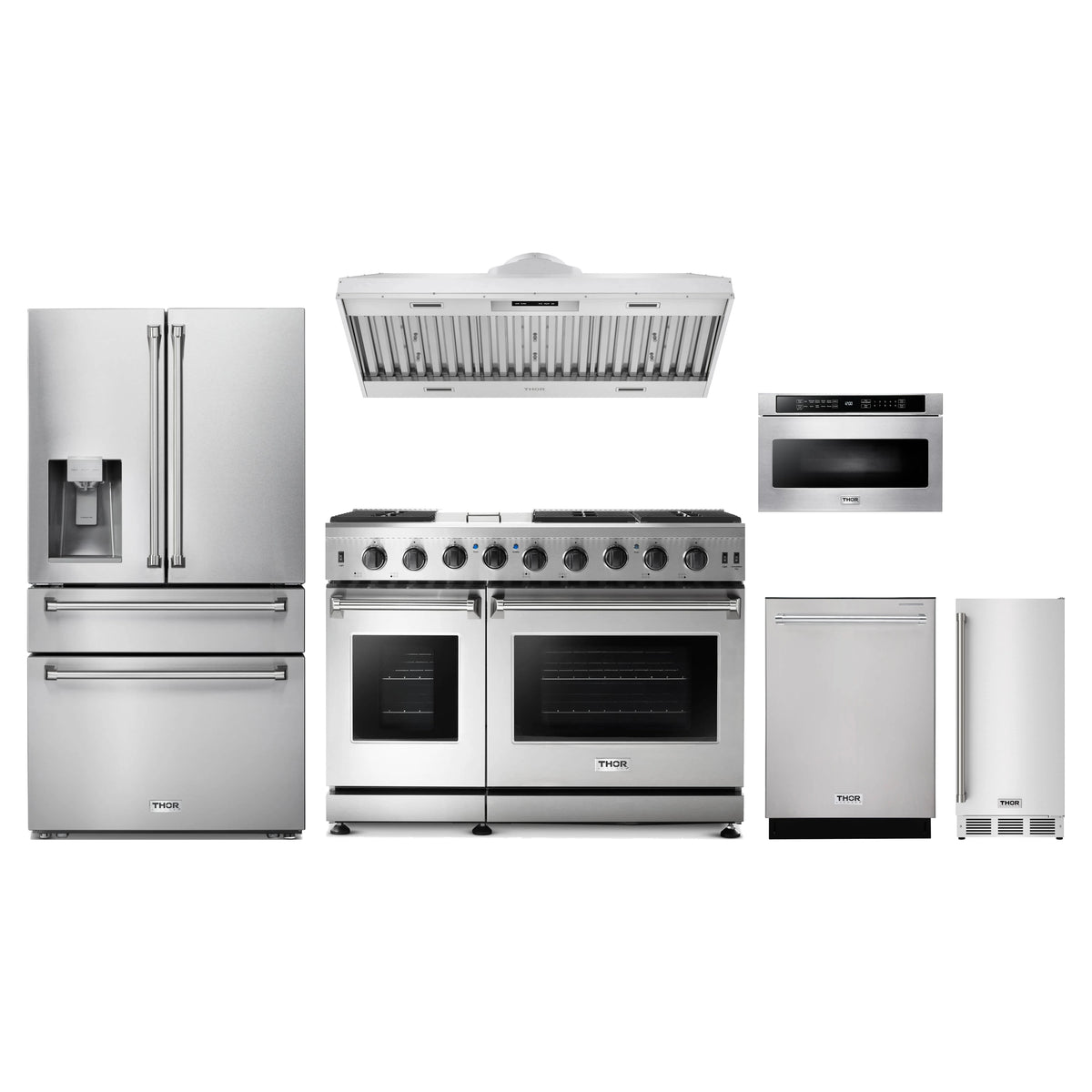 Thor Kitchen 6-Piece Appliance Package - 48-Inch Propane Gas Range, Refrigerator with Water Dispenser, Hood Insert, Dishwasher, Microwave Drawer, & Ice Maker in Stainless Steel