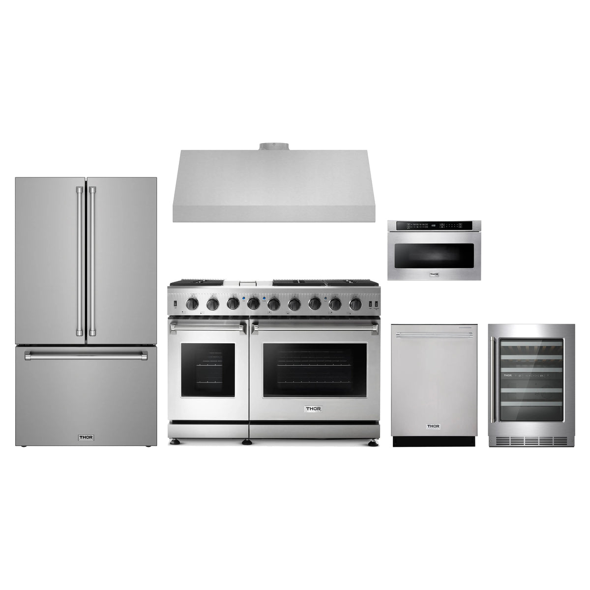 Thor Kitchen 6-Piece Appliance Package - 48-Inch Propane Gas Range, Counter-Depth Refrigerator, Under Cabinet Hood, Dishwasher, Microwave Drawer, & Wine Cooler in Stainless Steel