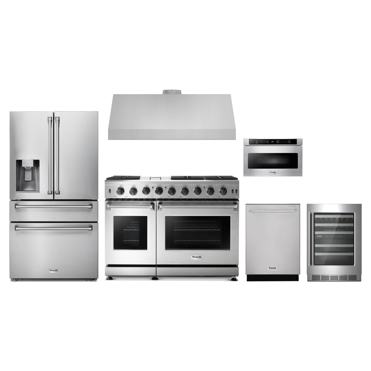 Thor Kitchen 6-Piece Appliance Package - 48-Inch Propane Gas Range, Refrigerator with Water Dispenser, Under Cabinet Hood, Dishwasher, Microwave Drawer, & Wine Cooler in Stainless Steel