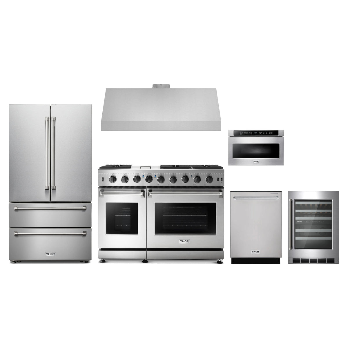 Thor Kitchen 6-Piece Appliance Package - 48-Inch Propane Gas Range, French Door Refrigerator, Under Cabinet Hood, Dishwasher, Microwave Drawer, & Wine Cooler in Stainless Steel