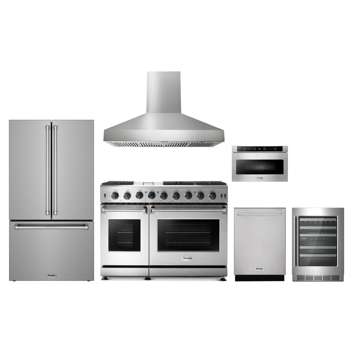 Thor Kitchen 6-Piece Appliance Package - 48-Inch Propane Gas Range, Counter-Depth Refrigerator, Wall Mount Hood, Dishwasher, Microwave Drawer, & Wine Cooler in Stainless Steel