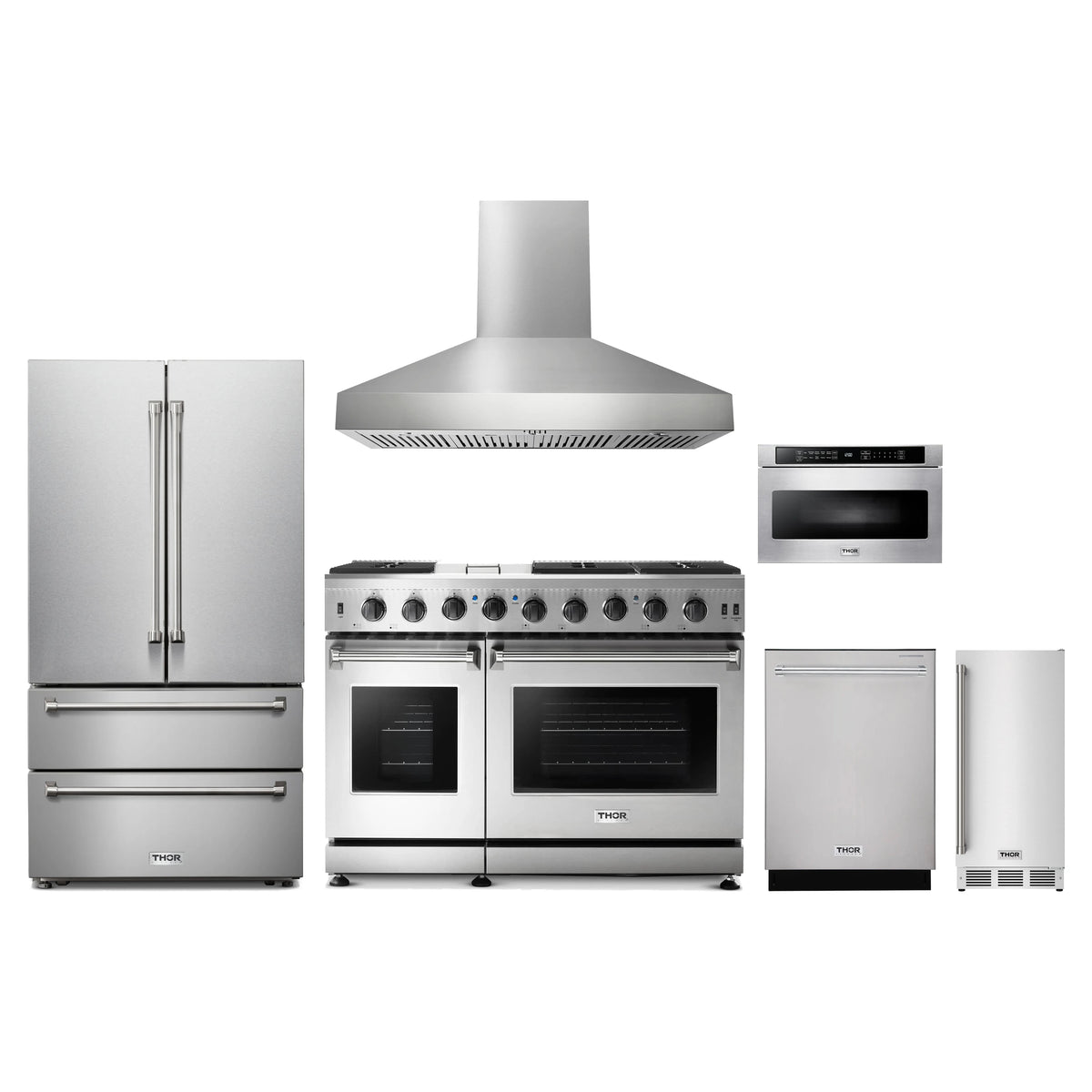 Thor Kitchen 6-Piece Appliance Package - 48-Inch Propane Gas Range, French Door Refrigerator, Wall Mount Hood, Dishwasher, Microwave Drawer, & Ice Maker in Stainless Steel