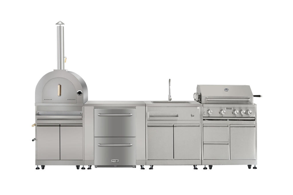 Stainless steel outdoor kitchen grill package with built-in drawers and side storage