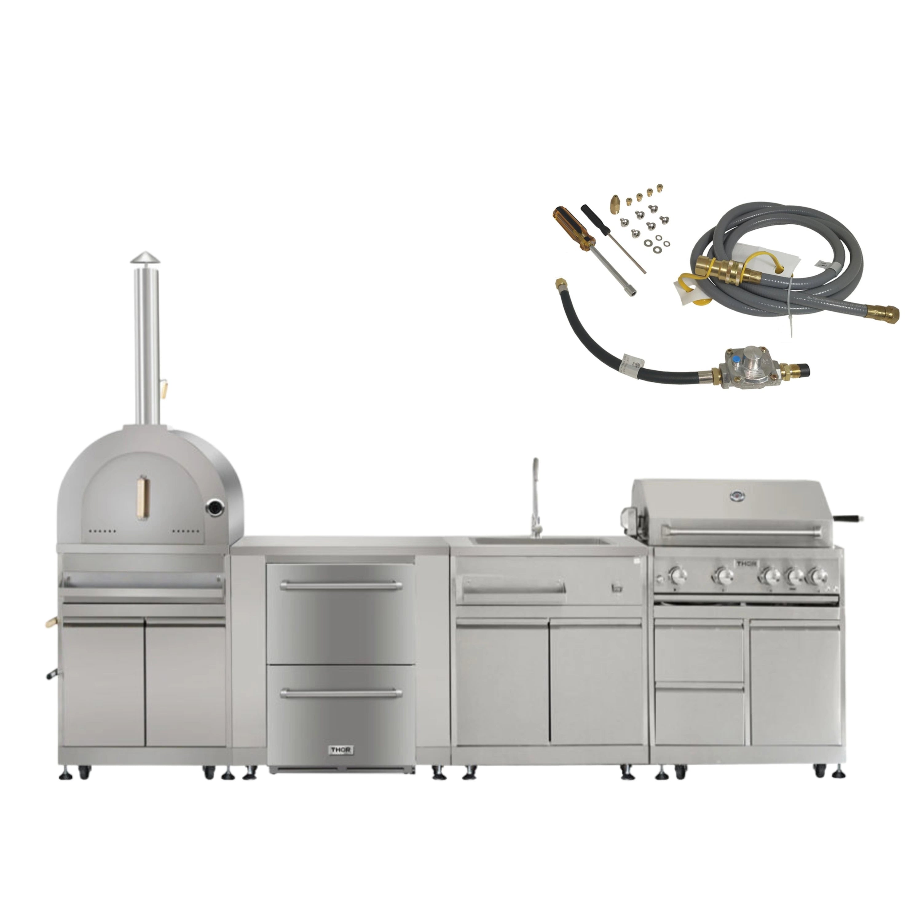 Thor Kitchen 6-piece outdoor kitchen grill set with side burner, cabinets, and gas hoses