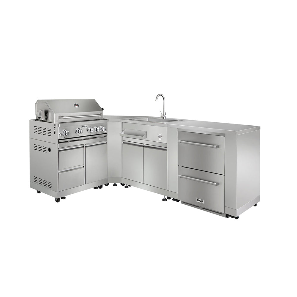 Outdoor gas grill with L-shaped stainless storage cabinets and sink cutout