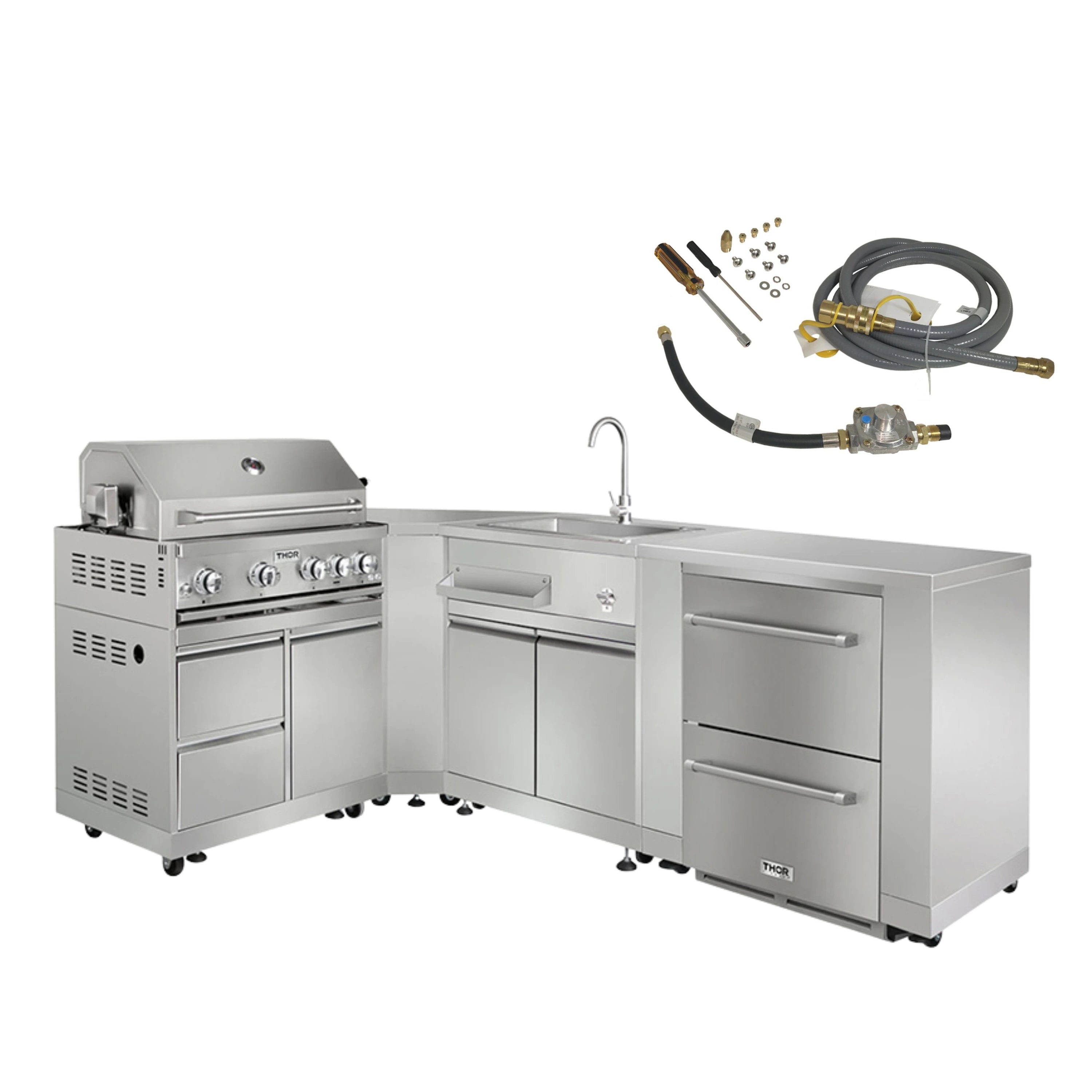 L-shaped outdoor kitchen grill package with stainless grill, sink, and storage cabinets