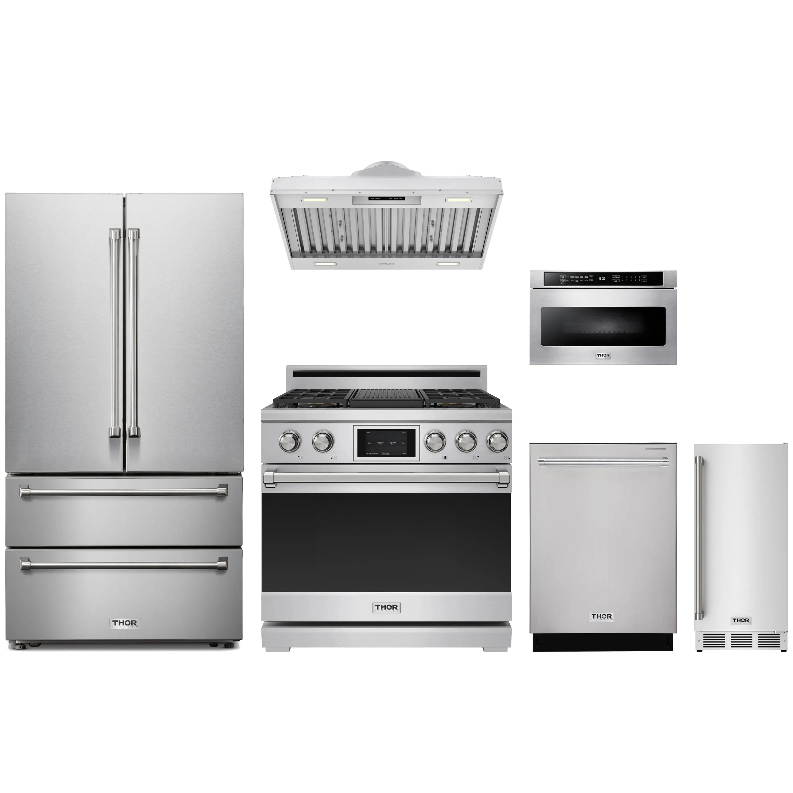 Stainless steel appliance package with range, refrigerator, dishwasher, and microwave drawer