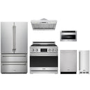 Stainless steel Thor Kitchen appliance package with 36-inch range, range hood, french door refrigerator, dishwasher, microwave drawer, ice maker