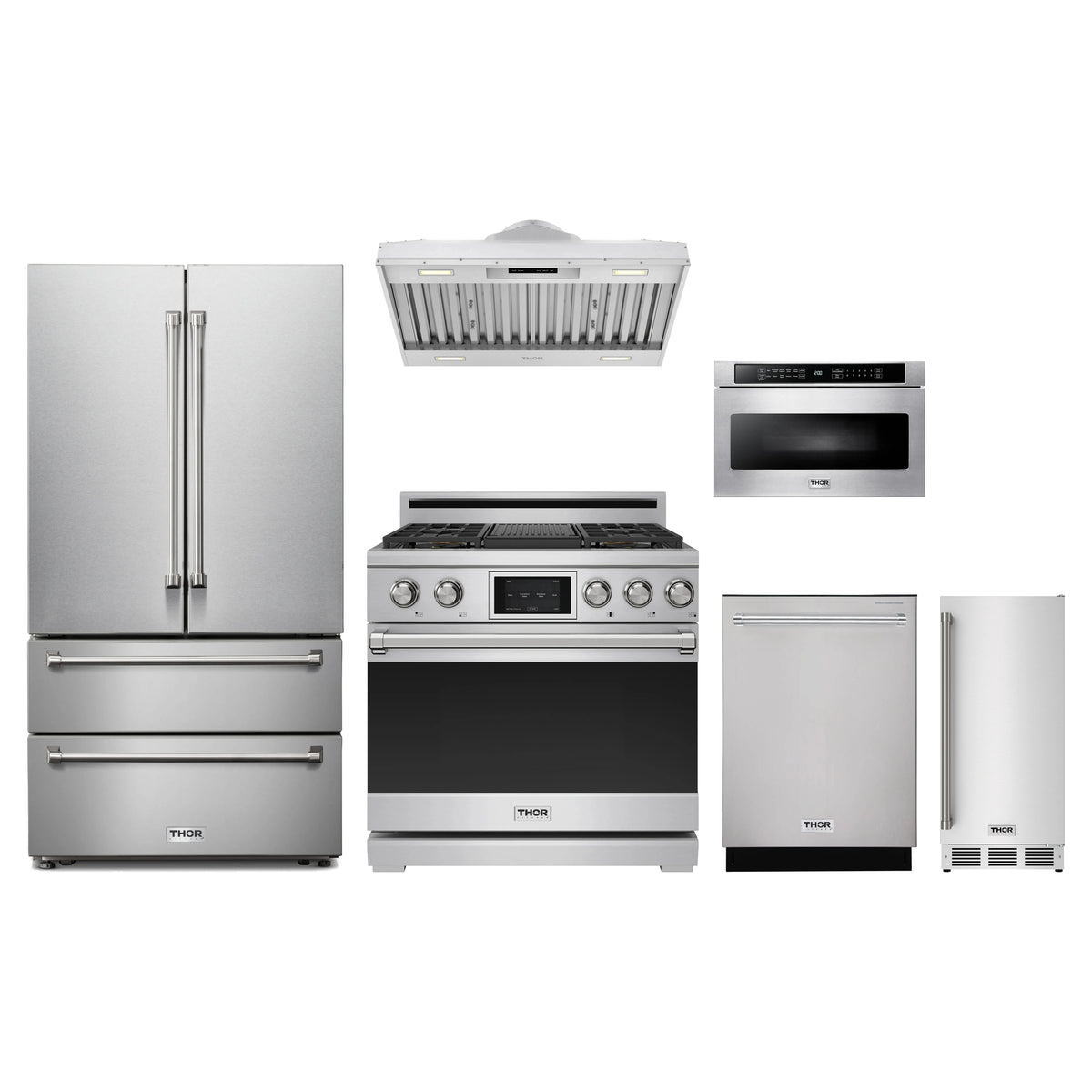Thor Kitchen 6-Piece Appliance Package - 36-Inch Dual Fuel Range, French Door Refrigerator, Hood Insert, Dishwasher, Microwave Drawer, & Ice Maker in Stainless Steel