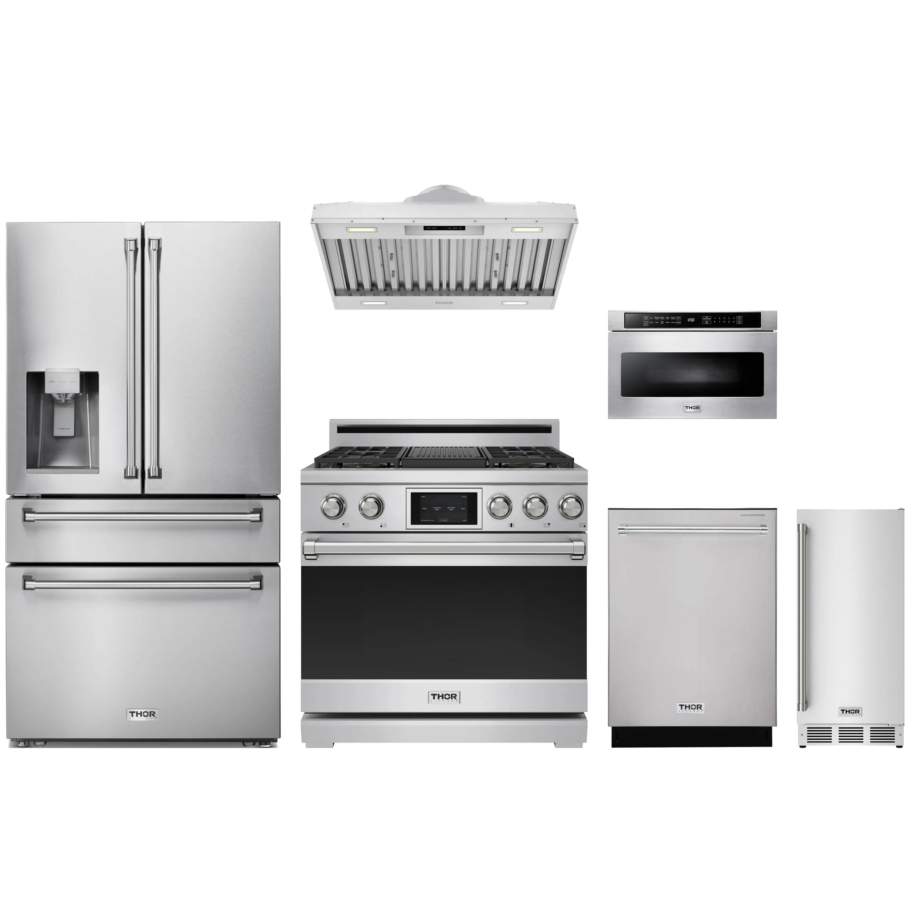 Stainless steel appliance package with dual fuel range, refrigerator, hood insert, dishwasher, microwave