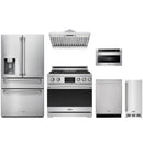 Stainless steel Thor Kitchen appliance package with 36-inch range, range hood, refrigerator with water dispenser, dishwasher, microwave drawer, ice maker
