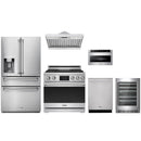 Stainless steel Thor Kitchen appliance package with 36-inch range, range hood, refrigerator with water dispenser, dishwasher, microwave drawer, wine cooler