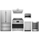 Stainless steel Thor Kitchen appliance package with 36-inch range, range hood, french door refrigerator, dishwasher, microwave drawer, wine cooler