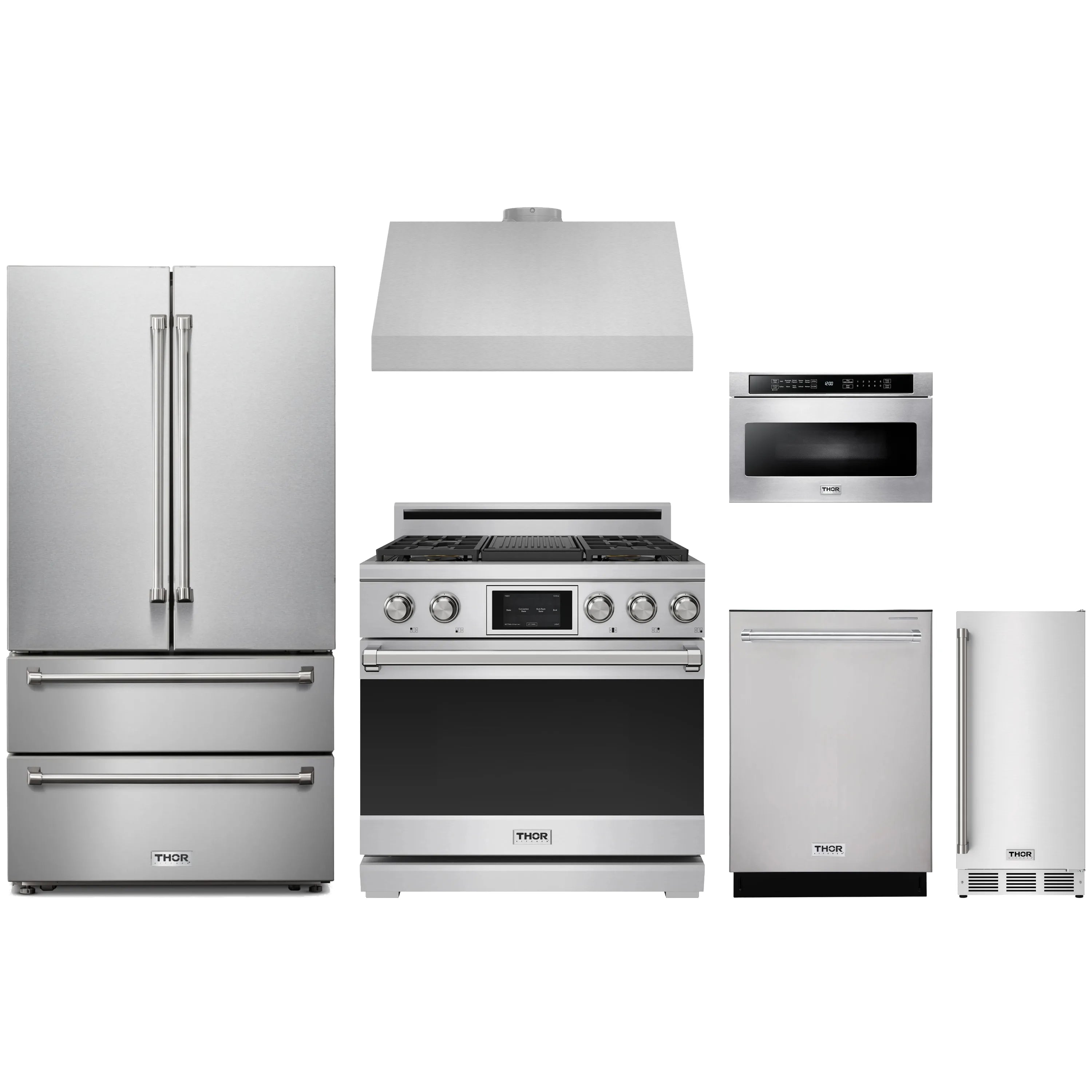 Stainless steel appliance package showing refrigerator, range, dishwasher, and hood