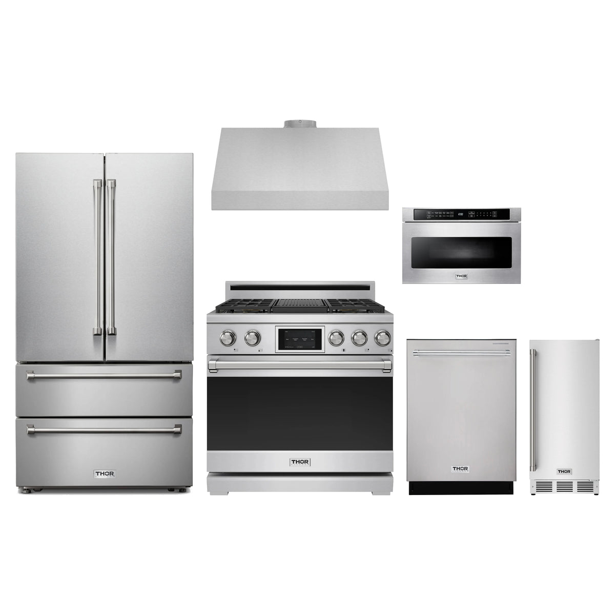 Thor Kitchen 6-Piece Appliance Package - 36-Inch Dual Fuel Range, French Door Refrigerator, Under Cabinet Hood, Dishwasher, Microwave Drawer, & Ice Maker in Stainless Steel