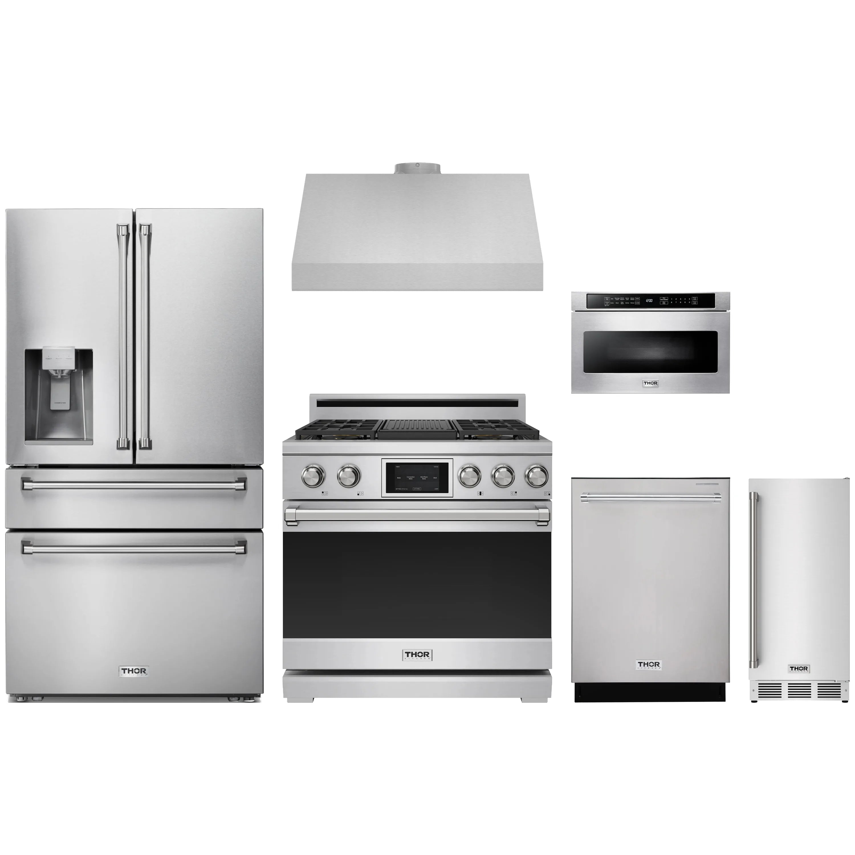 Stainless steel 6-piece kitchen appliance set with dual fuel range, fridge, hood, and dishwasher