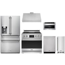 Stainless steel Thor Kitchen appliance package with 36-inch range, range hood, refrigerator with water dispenser, dishwasher, microwave drawer, ice maker