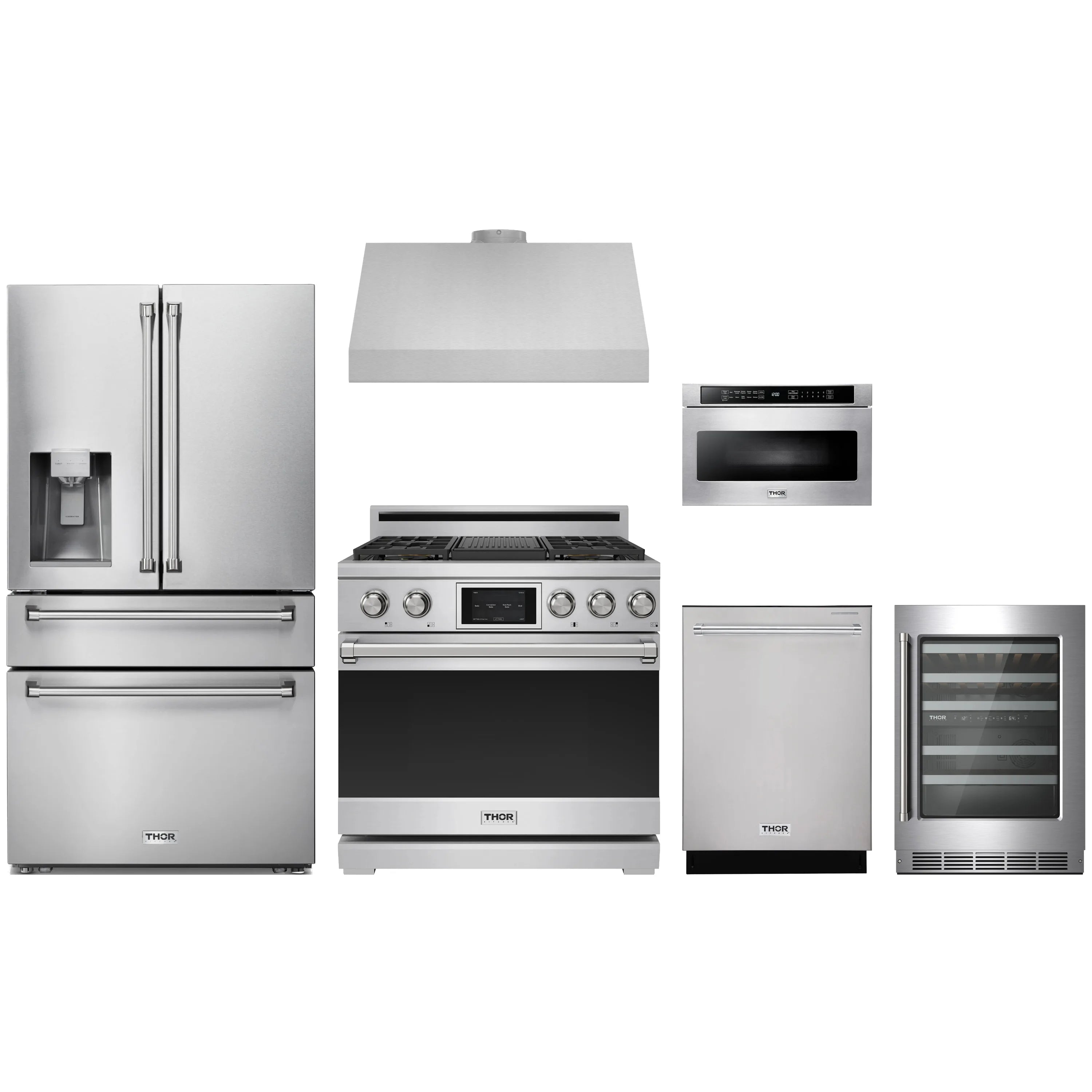 Stainless steel appliance package set with range, refrigerator, hood, and dishwasher