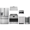 Stainless steel Thor Kitchen appliance package with 36-inch range, range hood, refrigerator with water dispenser, dishwasher, microwave drawer, wine cooler