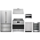 Stainless steel Thor Kitchen appliance package with 36-inch range, range hood, french door refrigerator, dishwasher, microwave drawer, wine cooler
