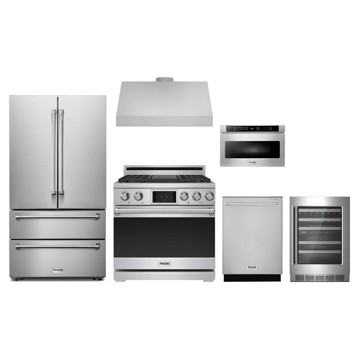 Thor Kitchen 6-Piece Appliance Package - 36-Inch Dual Fuel Range, French Door Refrigerator, Under Cabinet Hood, Dishwasher, Microwave Drawer, & Wine Cooler in Stainless Steel