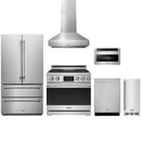 Stainless steel Thor Kitchen appliance package with 36-inch range, range hood, french door refrigerator, dishwasher, microwave drawer, ice maker