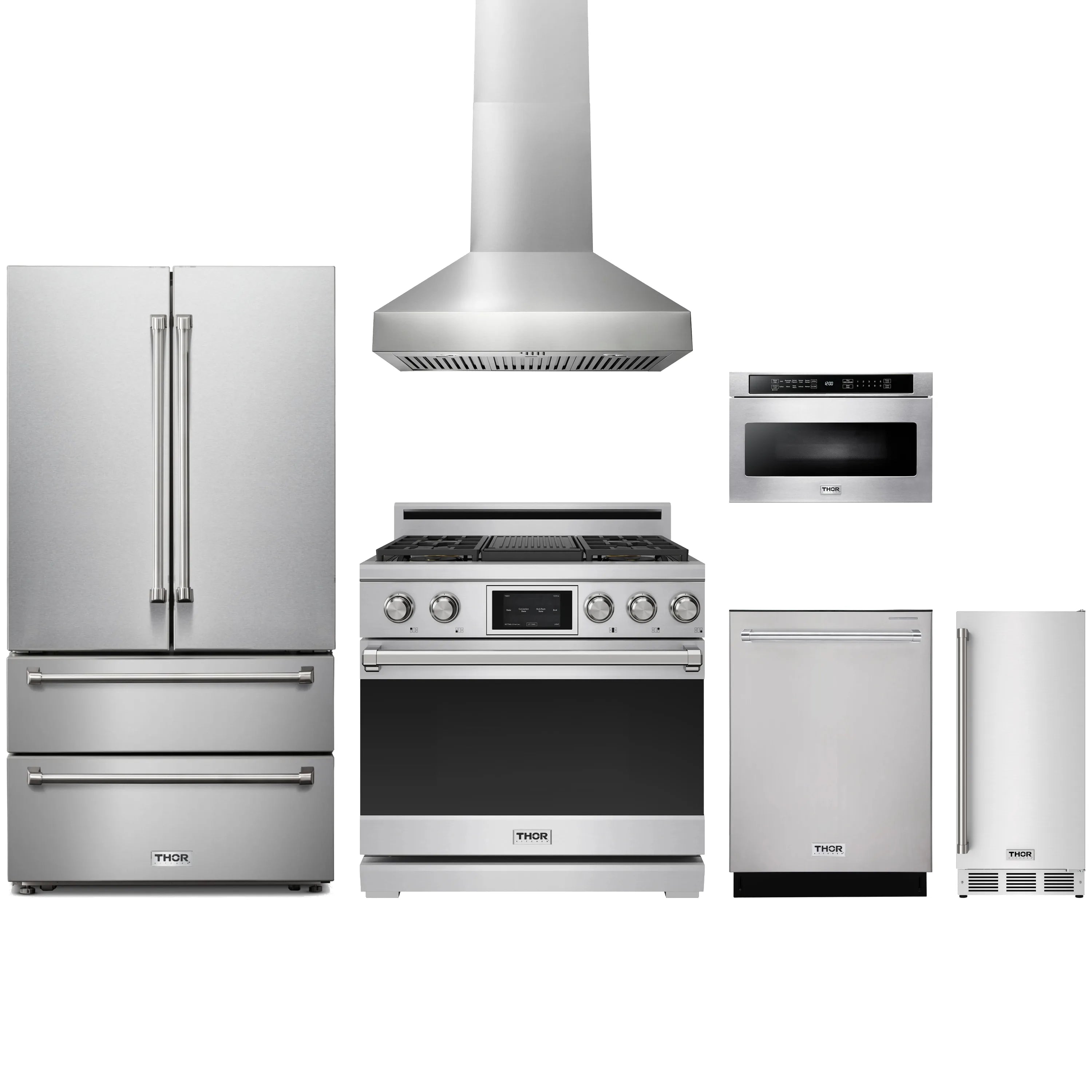 Stainless steel kitchen appliance package with dual fuel range, refrigerator, and hood