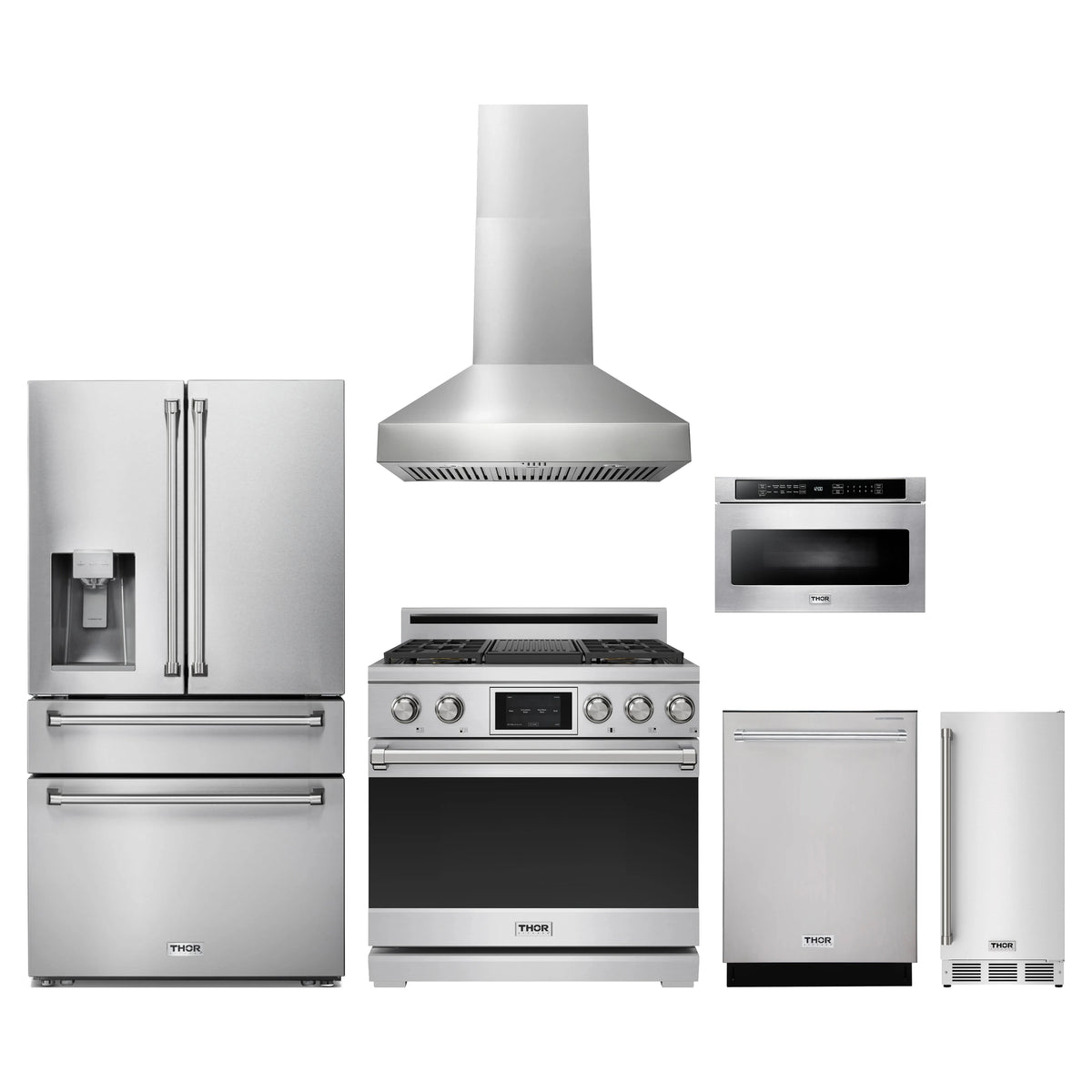 Thor Kitchen 6-Piece Appliance Package - 36-Inch Dual Fuel Range, Refrigerator with Water Dispenser, Wall Mount Hood, Dishwasher, Microwave Drawer, & Ice Maker in Stainless Steel
