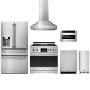 Stainless steel Thor Kitchen appliance package with 36-inch range, range hood, refrigerator with water dispenser, dishwasher, microwave drawer, ice maker