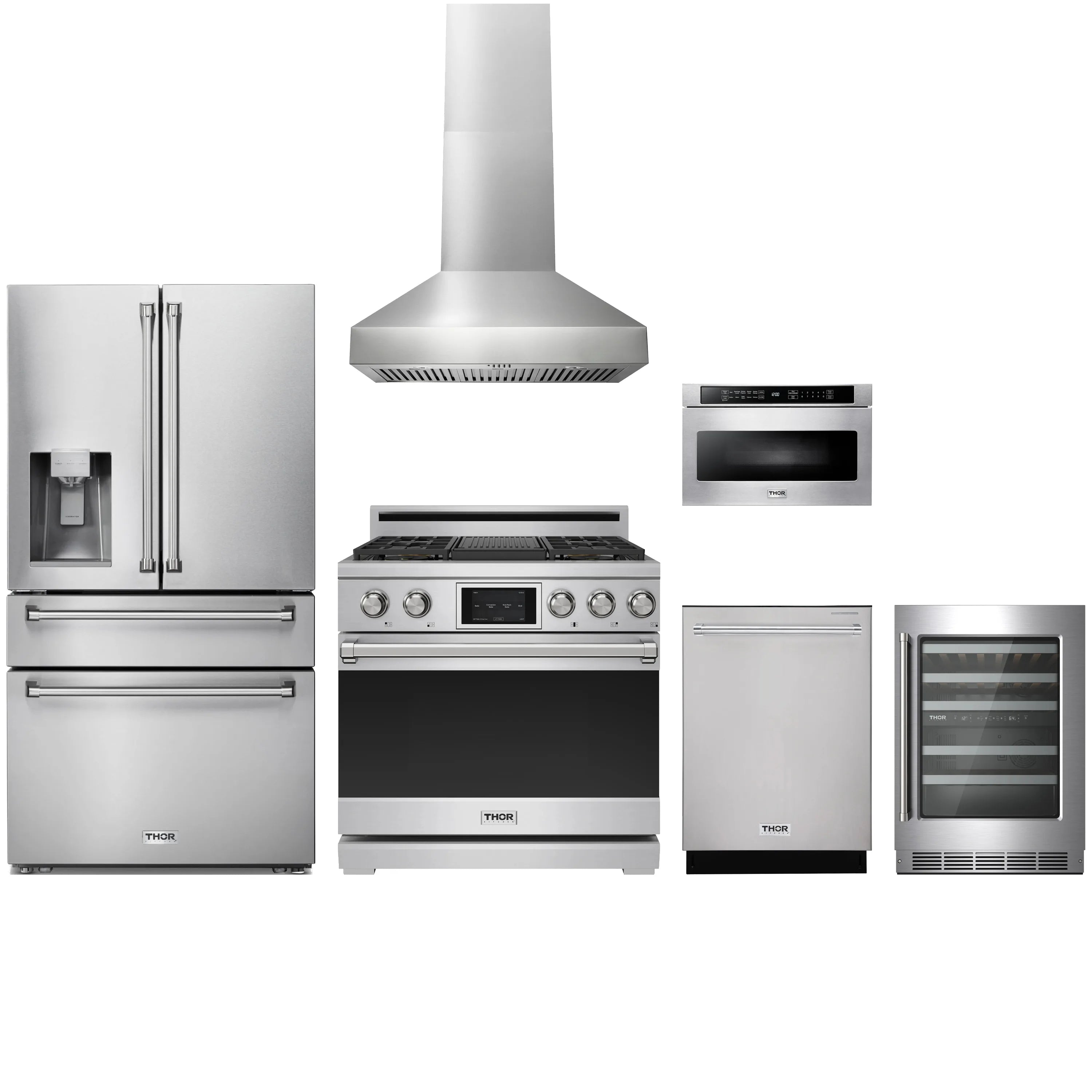 Stainless steel appliance package set: range, hood, refrigerator, dishwasher