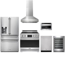 Stainless steel Thor Kitchen appliance package with 36-inch range, range hood, refrigerator with water dispenser, dishwasher, microwave drawer, wine cooler